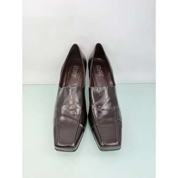 Vintage Franco Sarto Brown Leather Square Toe Kitten Heel Pumps 9.5M 90s Y2K - Picture 2 of 9